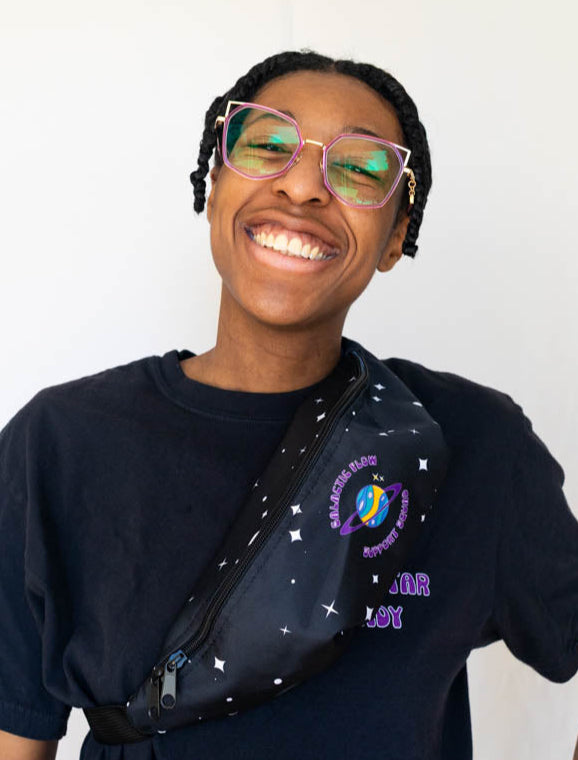 Kassidy founder of Galactic Flow wearing the Support Squad Fanny Pack - Galactic Flow
