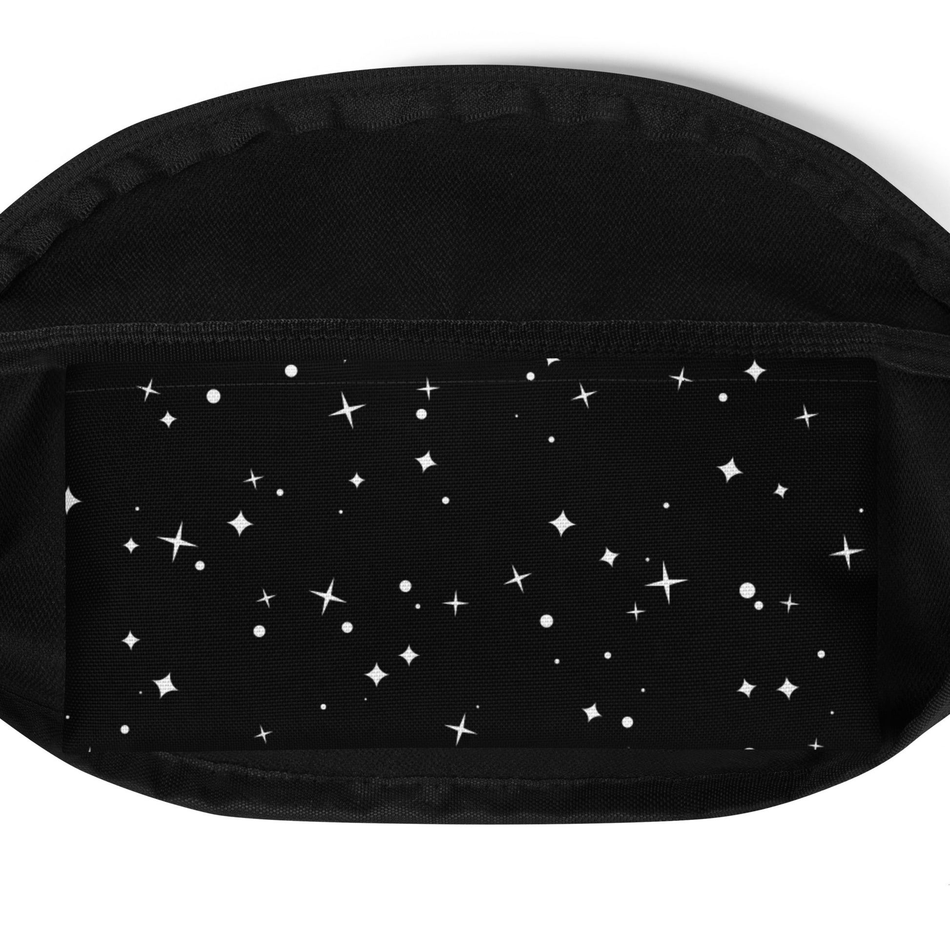 Front view of the Galactic Flow Support Squad Fanny Pack inside pocket it is black with white stars.
