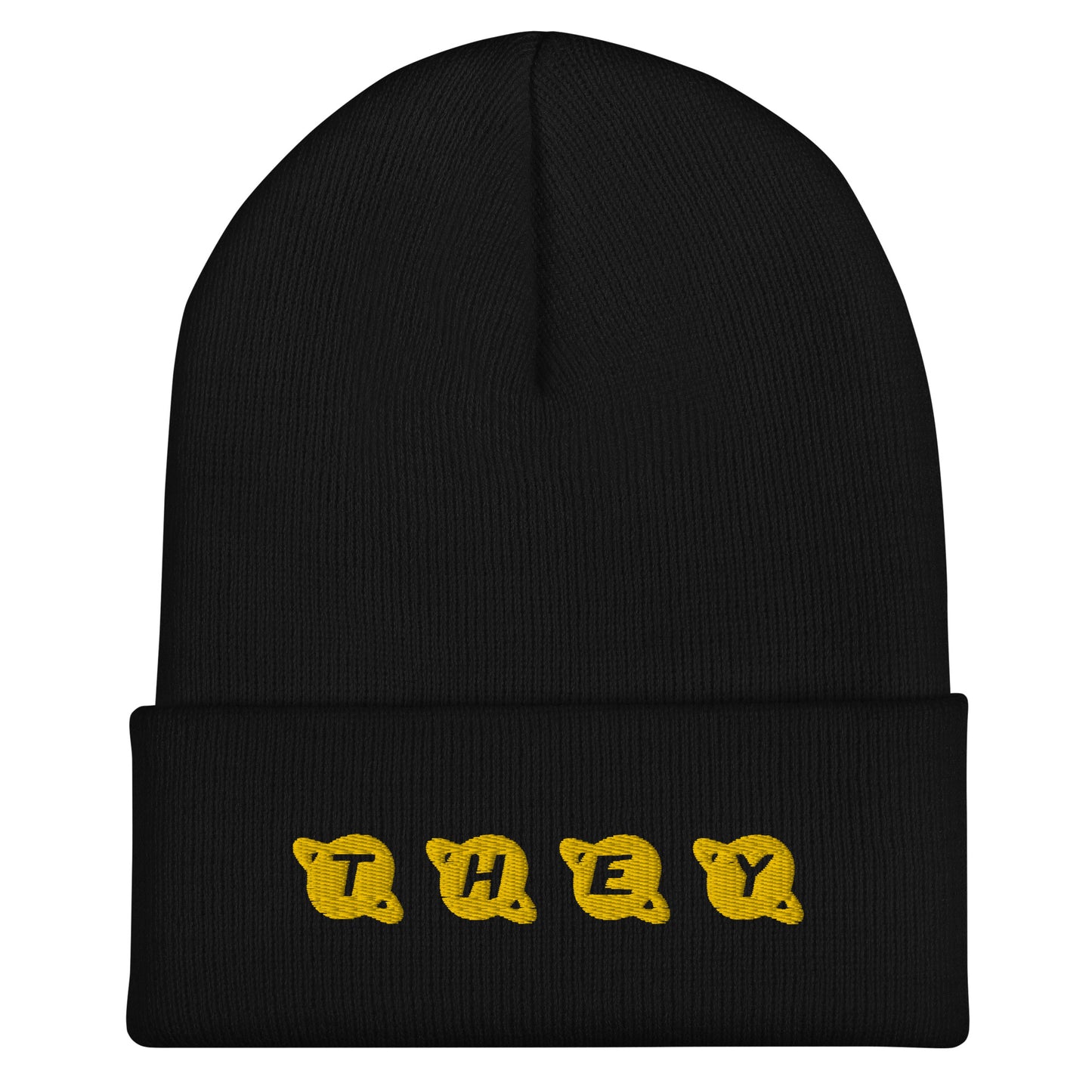 Black beanie with golden embroidered “They” styled as celestial planets