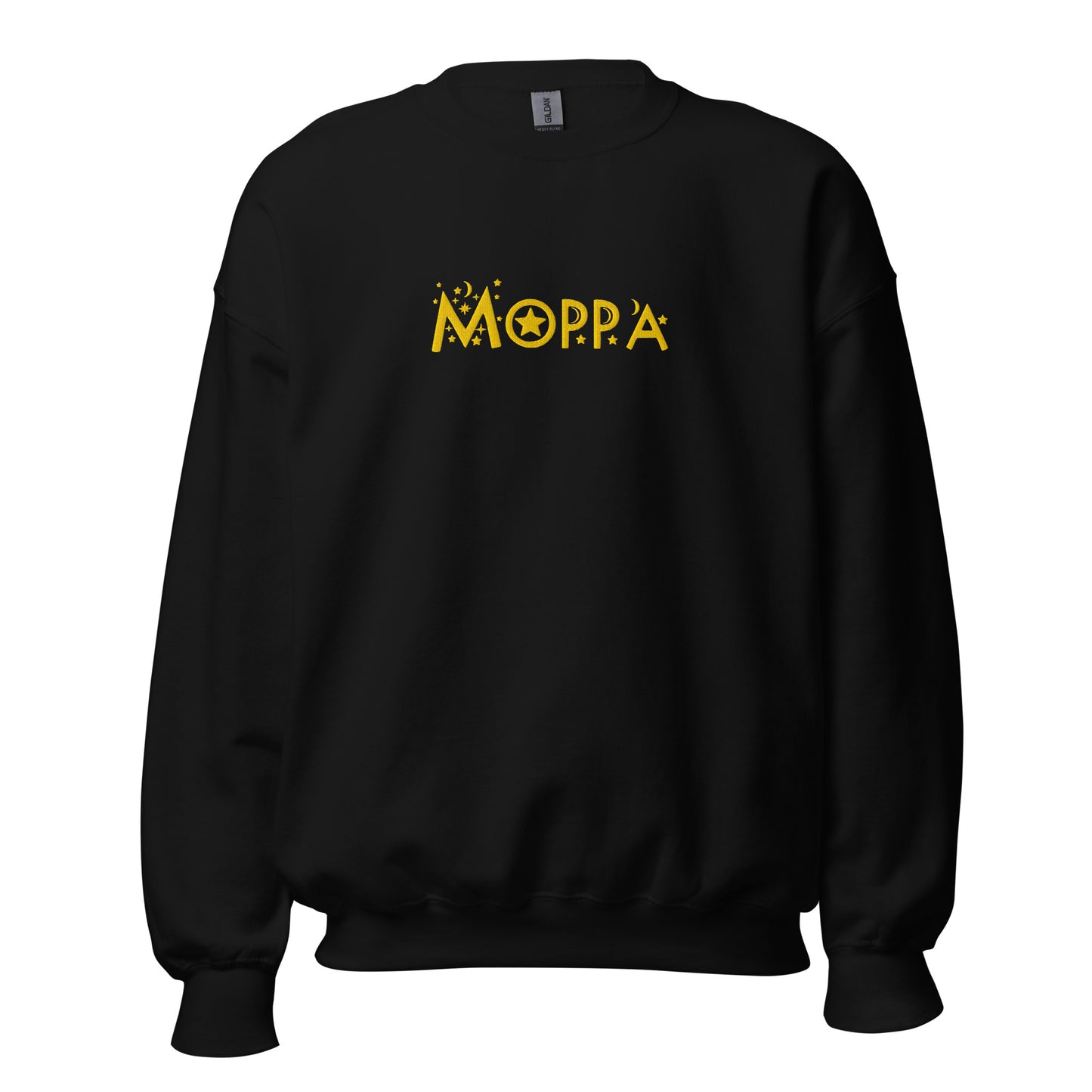 Unisex black crewneck with “Moppa” embroidered across the chest in gold thread; inclusive design by Galactic Flow