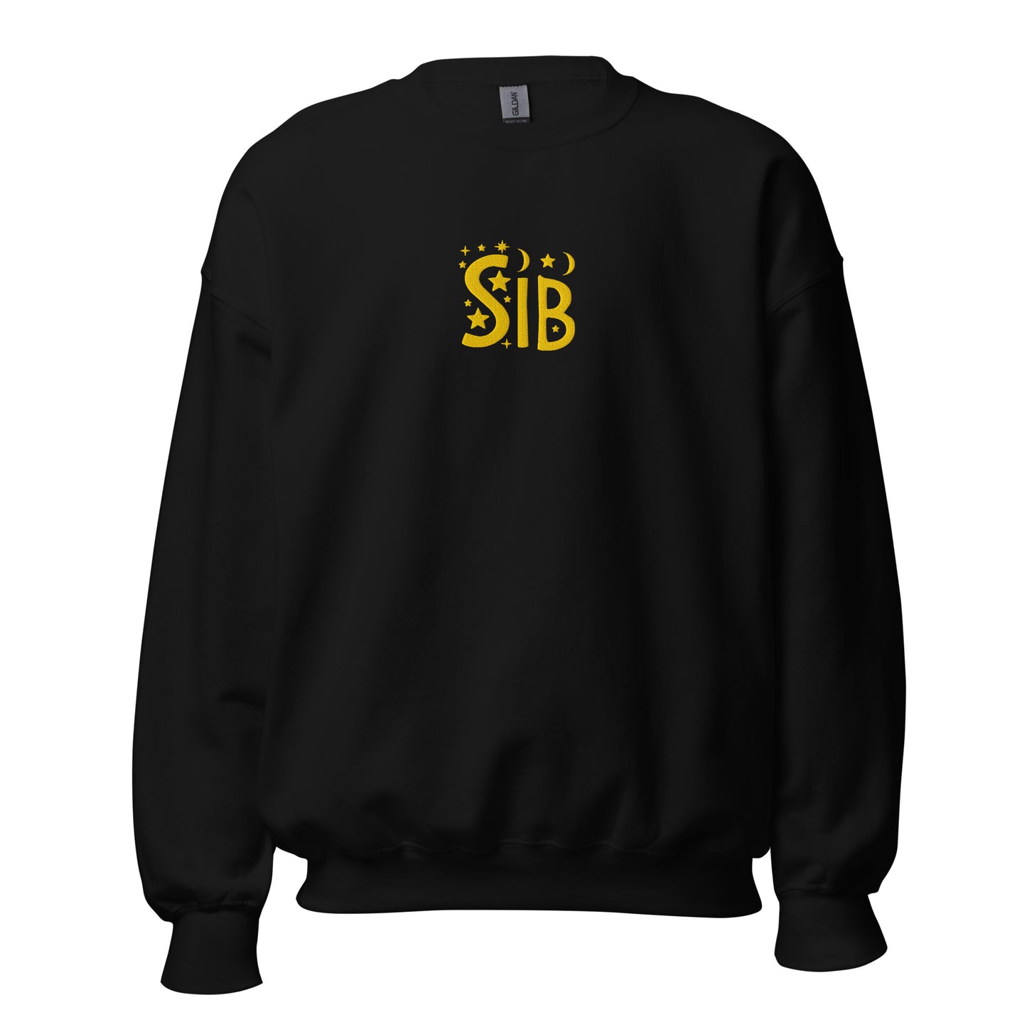 Unisex black crewneck with “Sib” embroidered across the chest in gold thread; inclusive design by Galactic Flow