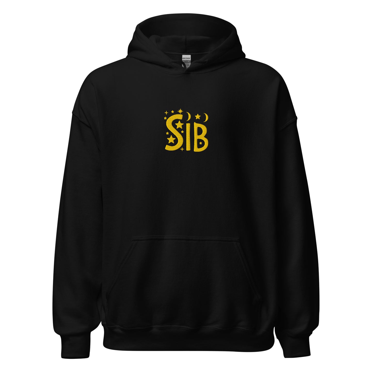 Unisex black hoodie with “Sib” embroidered across the chest in gold thread; inclusive design by Galactic Flow