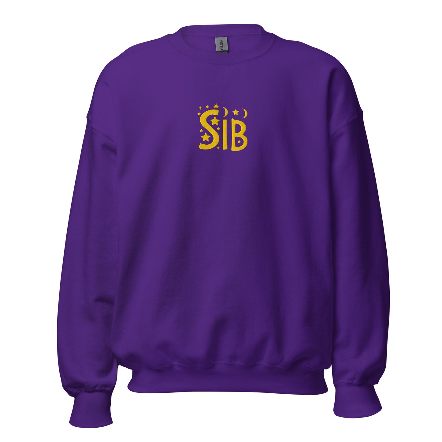 Unisex purple crewneck with “Sib” embroidered across the chest in gold thread; inclusive design by Galactic Flow