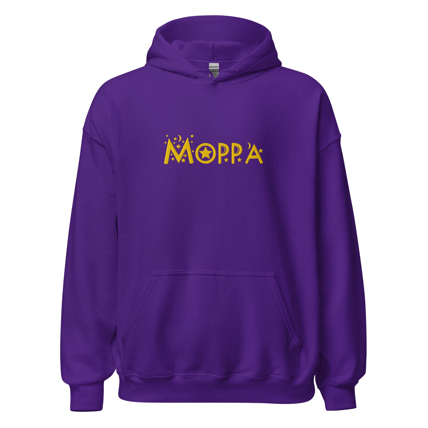Unisex purple hoodie with “Moppa” embroidered across the chest in gold thread; inclusive design by Galactic Flow