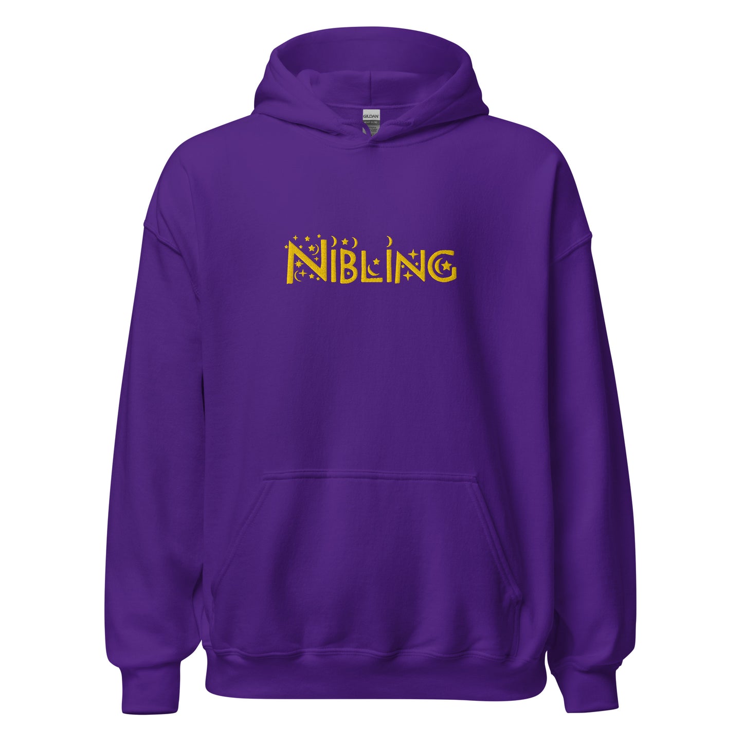 Unisex purple hoodie with “Nibling” embroidered across the chest in gold thread; inclusive design by Galactic Flow