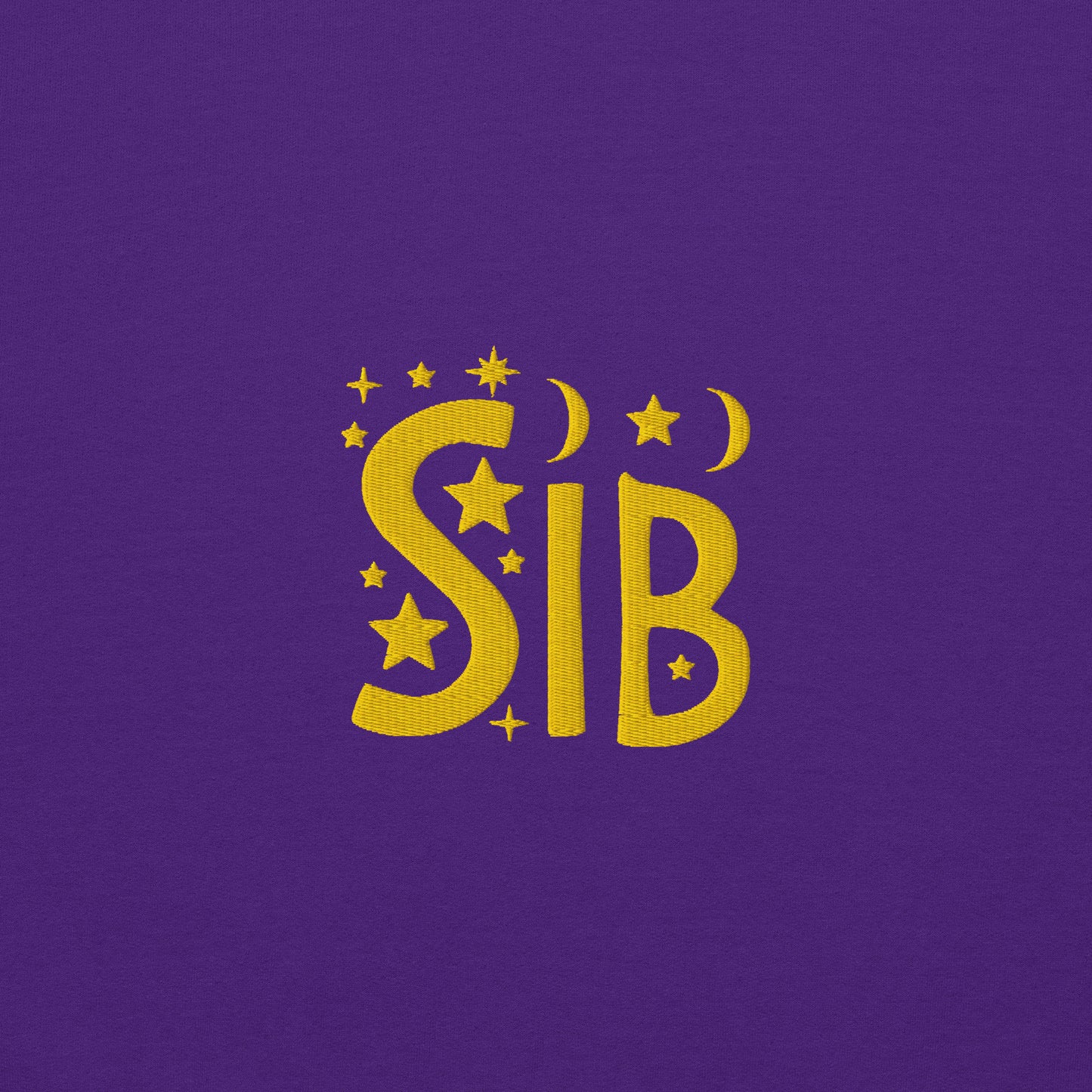 Close-up of “Sib” embroidered in gold thread on soft purple cotton fabric, featuring celestial motifs like stars and moons; gender-inclusive design by Galactic Flow