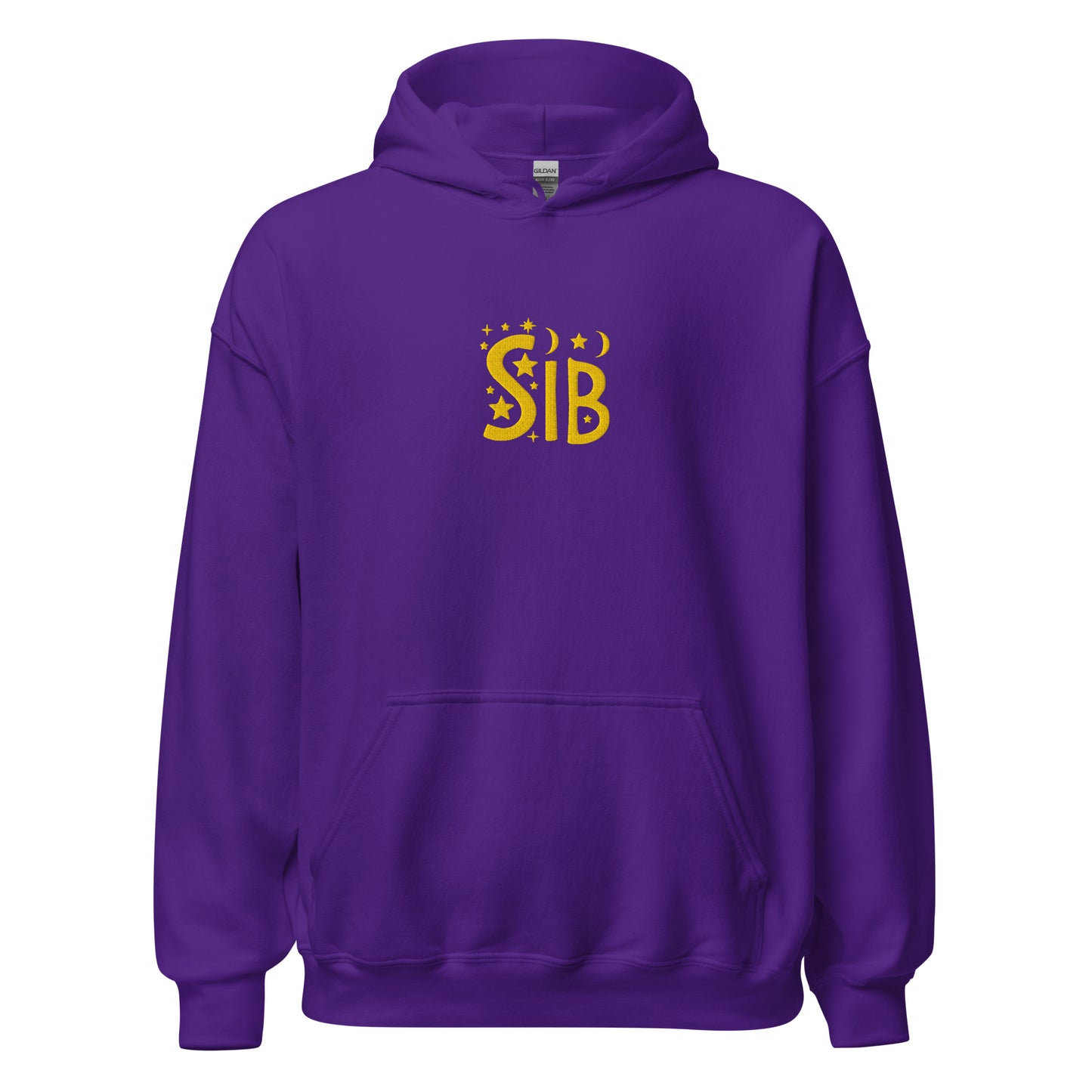 Unisex purple hoodie with “Sib” embroidered across the chest in gold thread; inclusive design by Galactic Flow