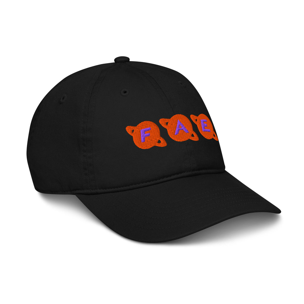 Right angle view of black dad hat with 'FAE' embroidered in orange and purple planet-shaped letters – Galactic Flow personalized pronoun hat