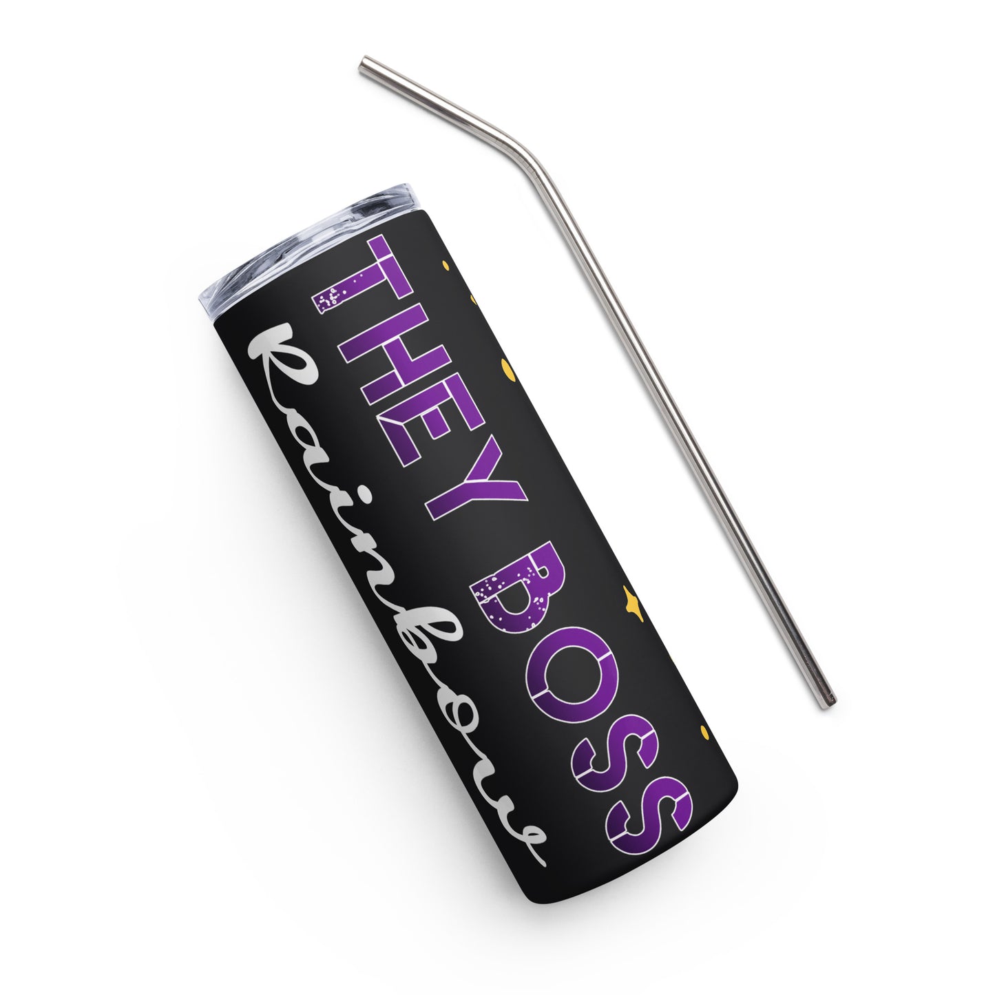 Black tumbler with metal straw featuring purple ‘THEY BOSS’ text and white cursive name ‘Rainbow’ with golden stars accents