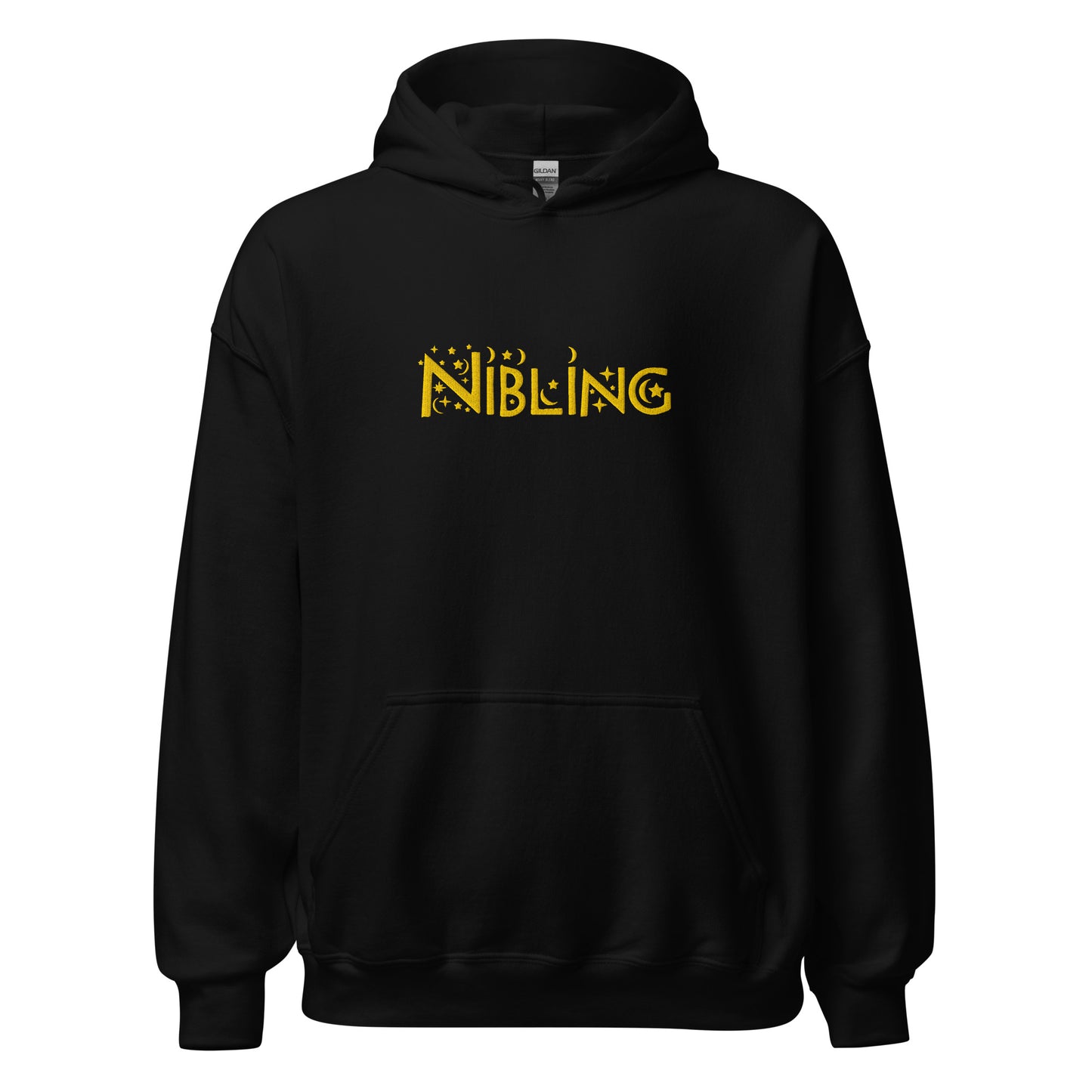 Unisex black hoodie with “Nibling” embroidered across the chest in gold thread; inclusive design by Galactic Flow