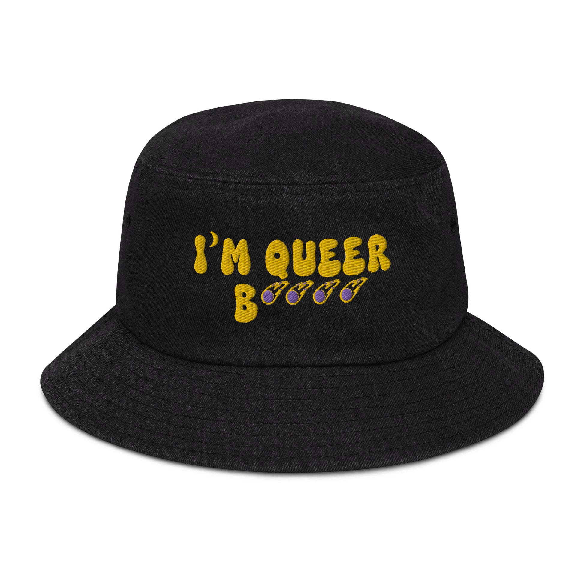 Front view of queer identity bucket hat with golden embroidery and comet asterisks.