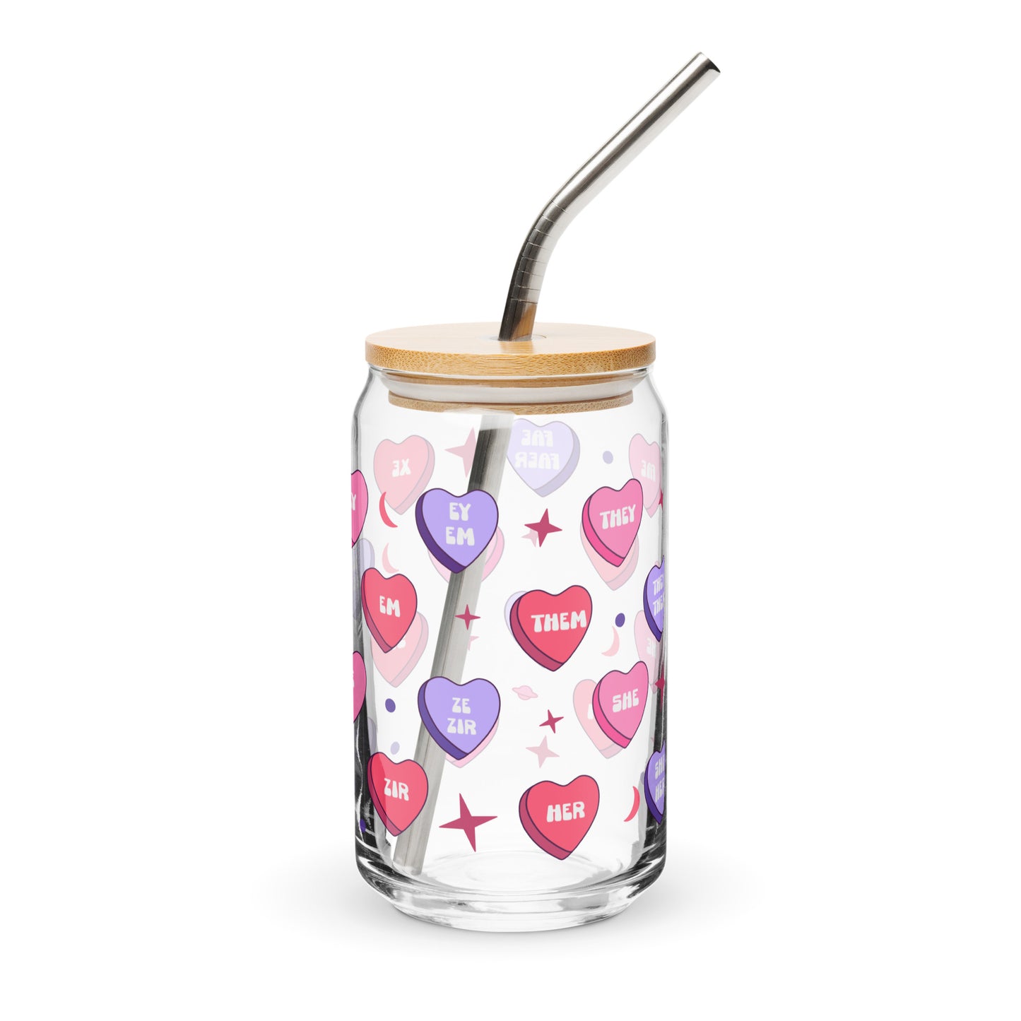 Glass tumbler with colorful heart-shaped text, wooden lid, and metal straw on a white background