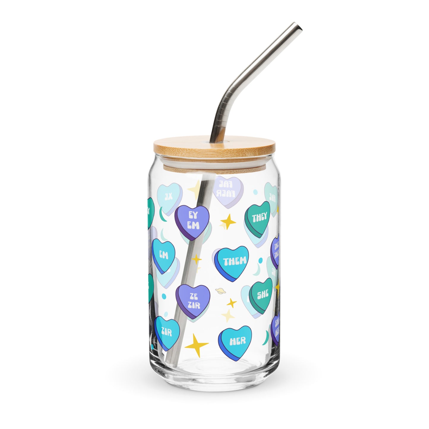 Glass tumbler with colorful heart-shaped text, wooden lid, and metal straw on a white background