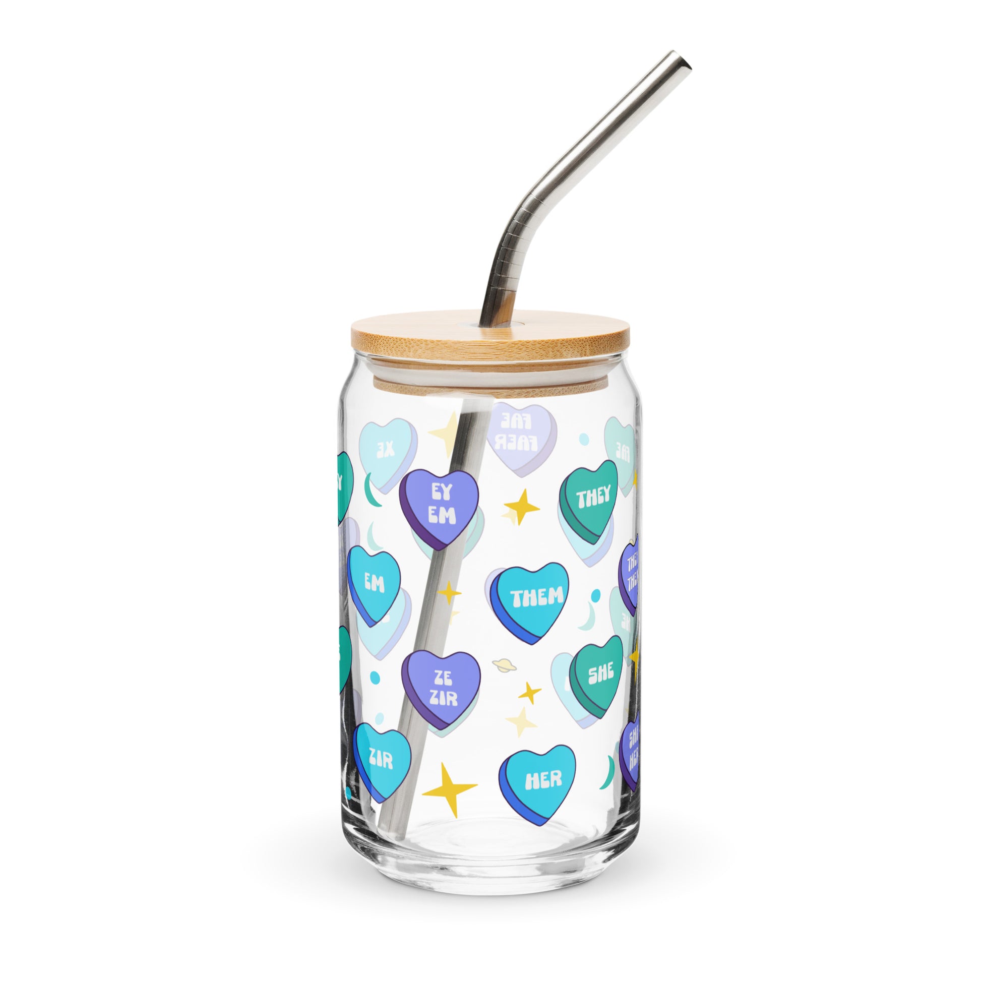 Glass tumbler with colorful heart-shaped text, wooden lid, and metal straw on a white background