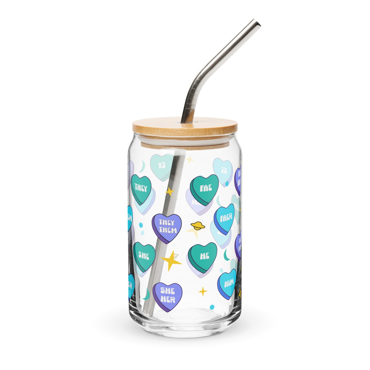 Glass tumbler with colorful heart-shaped text, wooden lid, and metal straw on a white background