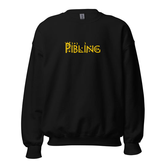 Unisex black crewneck with “Pibling” embroidered across the chest in gold thread; inclusive design by Galactic Flow