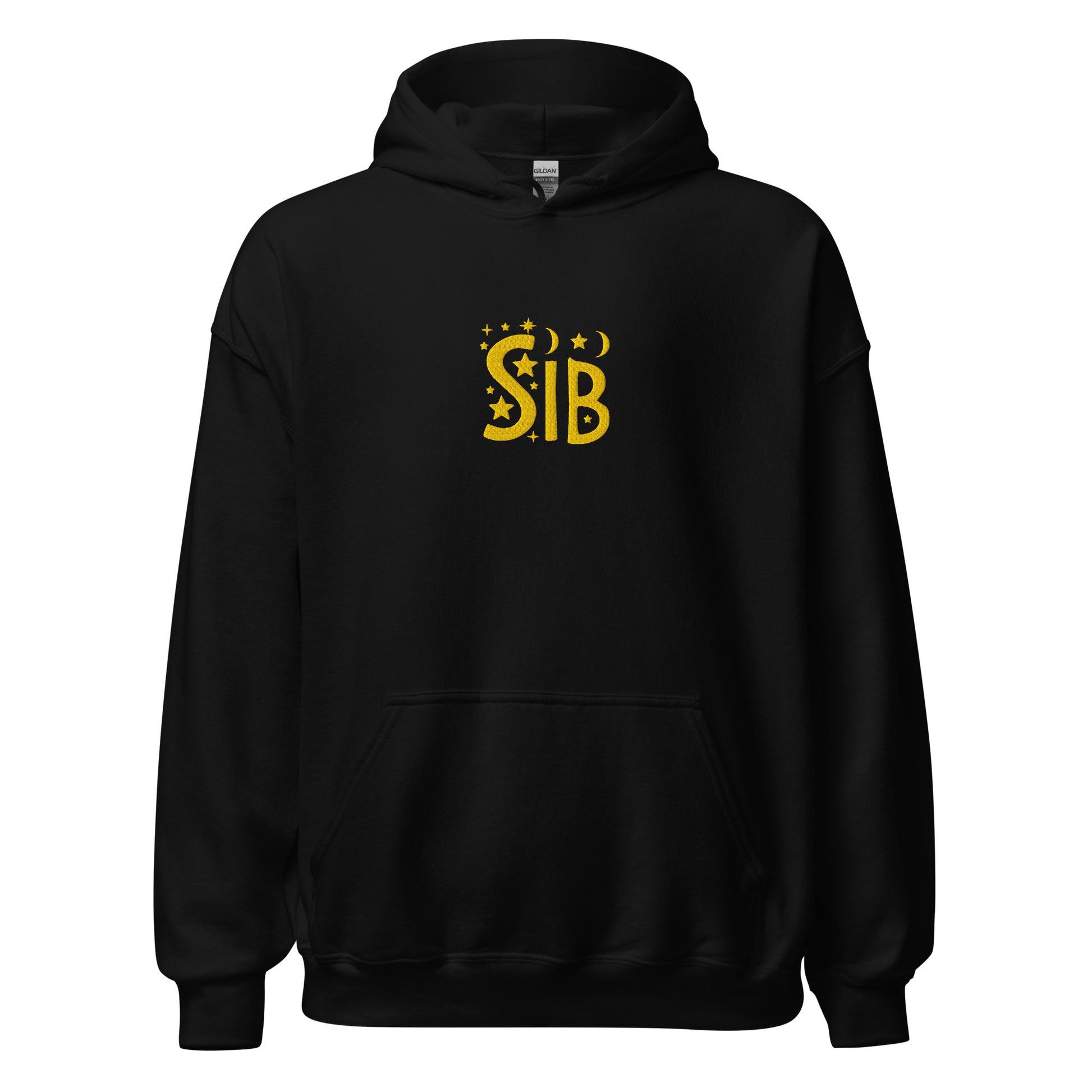 Unisex black hoodie with “Sib” embroidered across the chest in gold thread; inclusive design by Galactic Flow