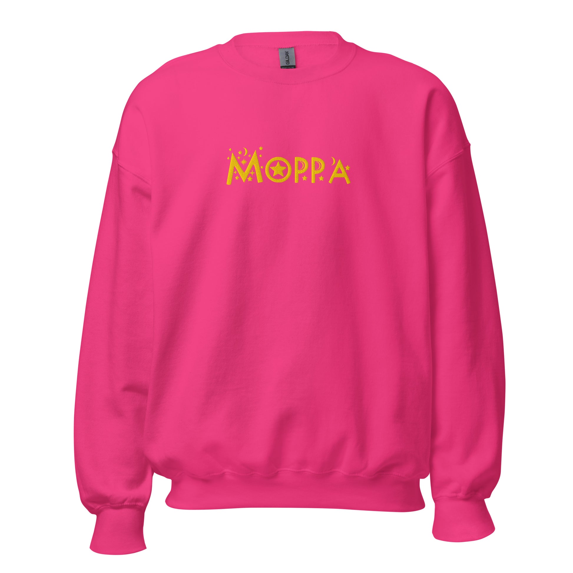 Unisex pink crewneck with “Moppa” embroidered across the chest in gold thread; inclusive design by Galactic Flow