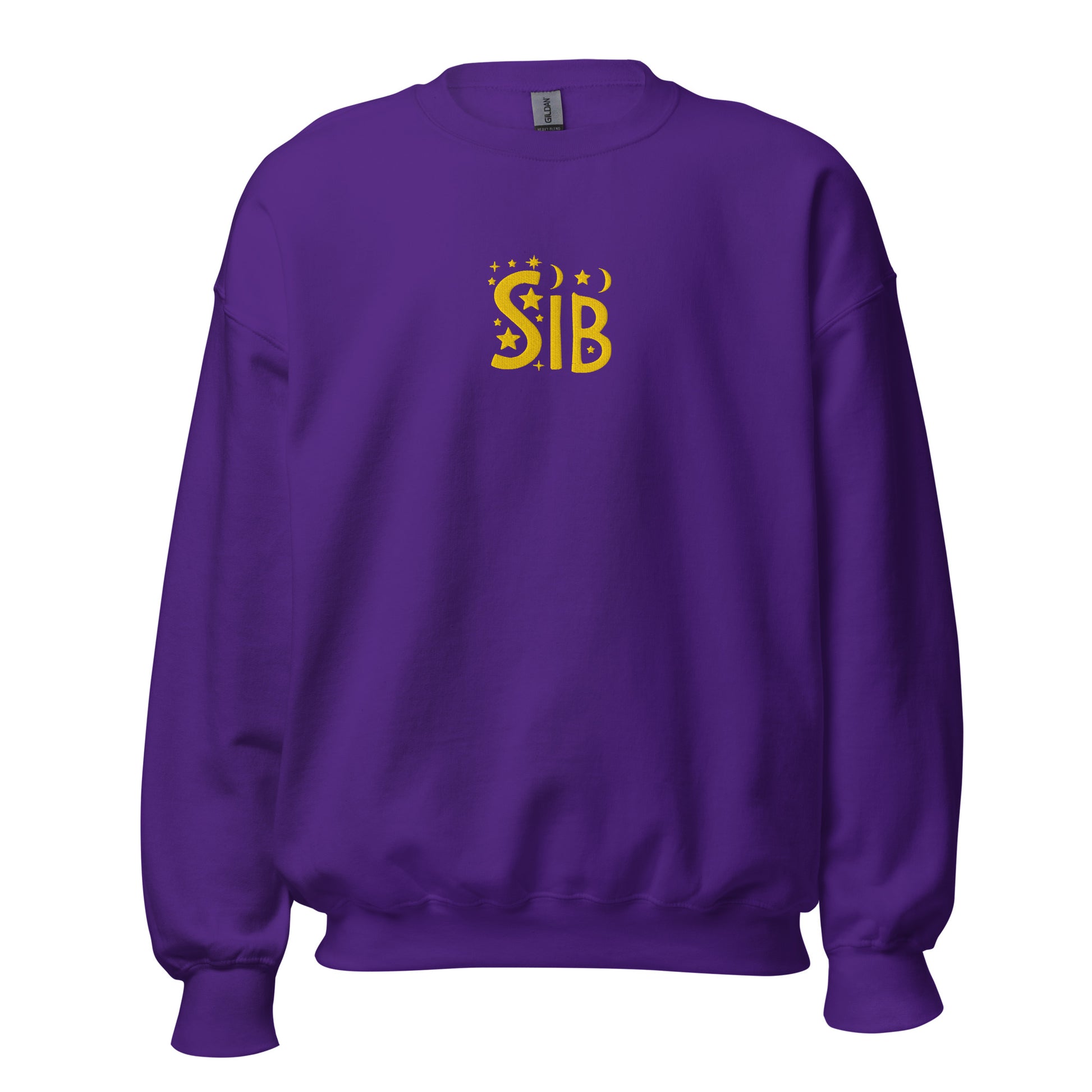 Unisex purple crewneck with “Sib” embroidered across the chest in gold thread; inclusive design by Galactic Flow