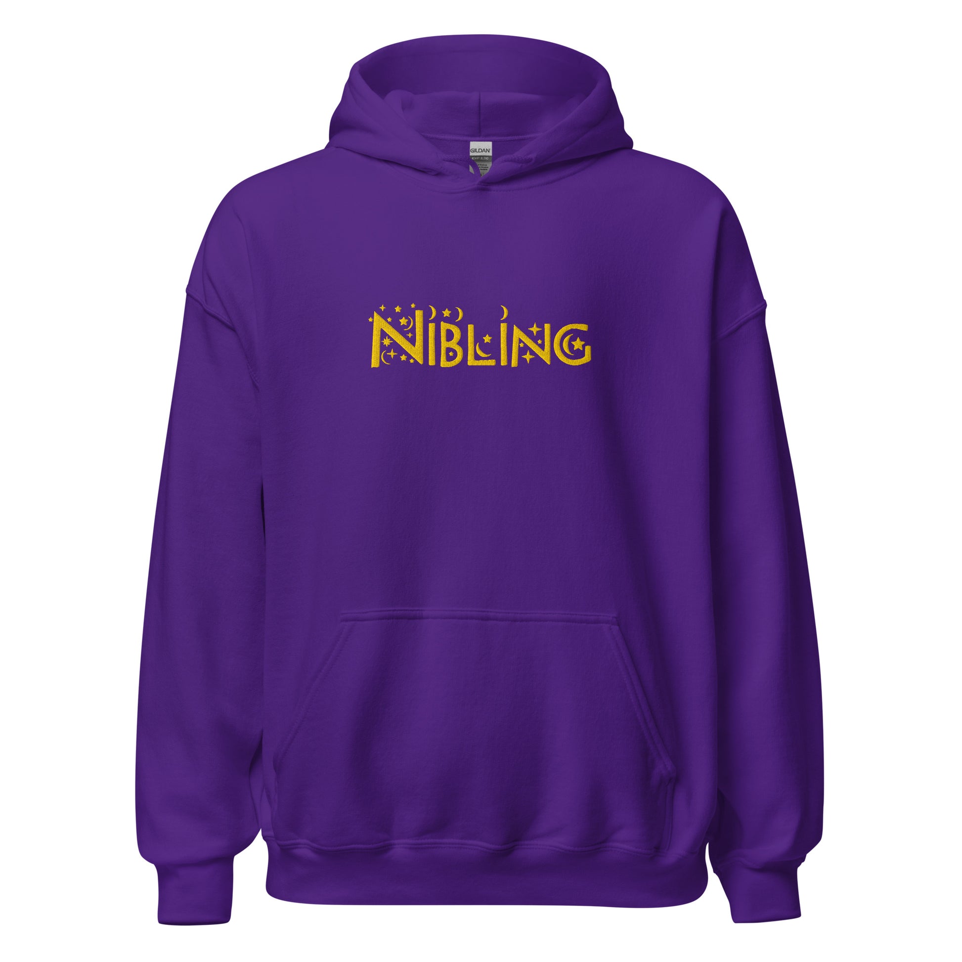 Unisex purple hoodie with “Nibling” embroidered across the chest in gold thread; inclusive design by Galactic Flow