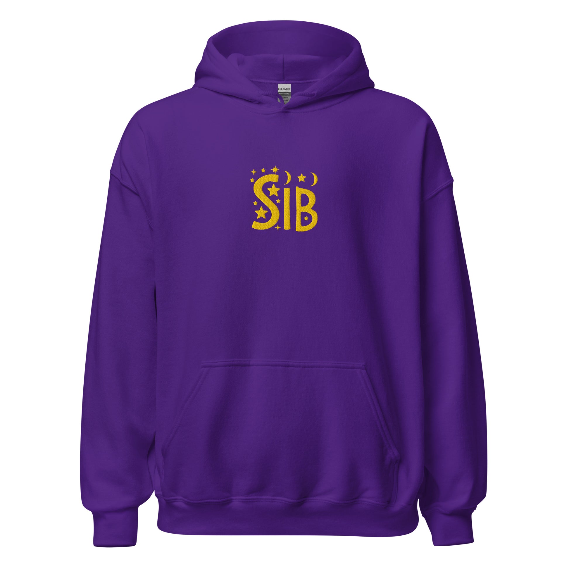 Unisex purple hoodie with “Sib” embroidered across the chest in gold thread; inclusive design by Galactic Flow