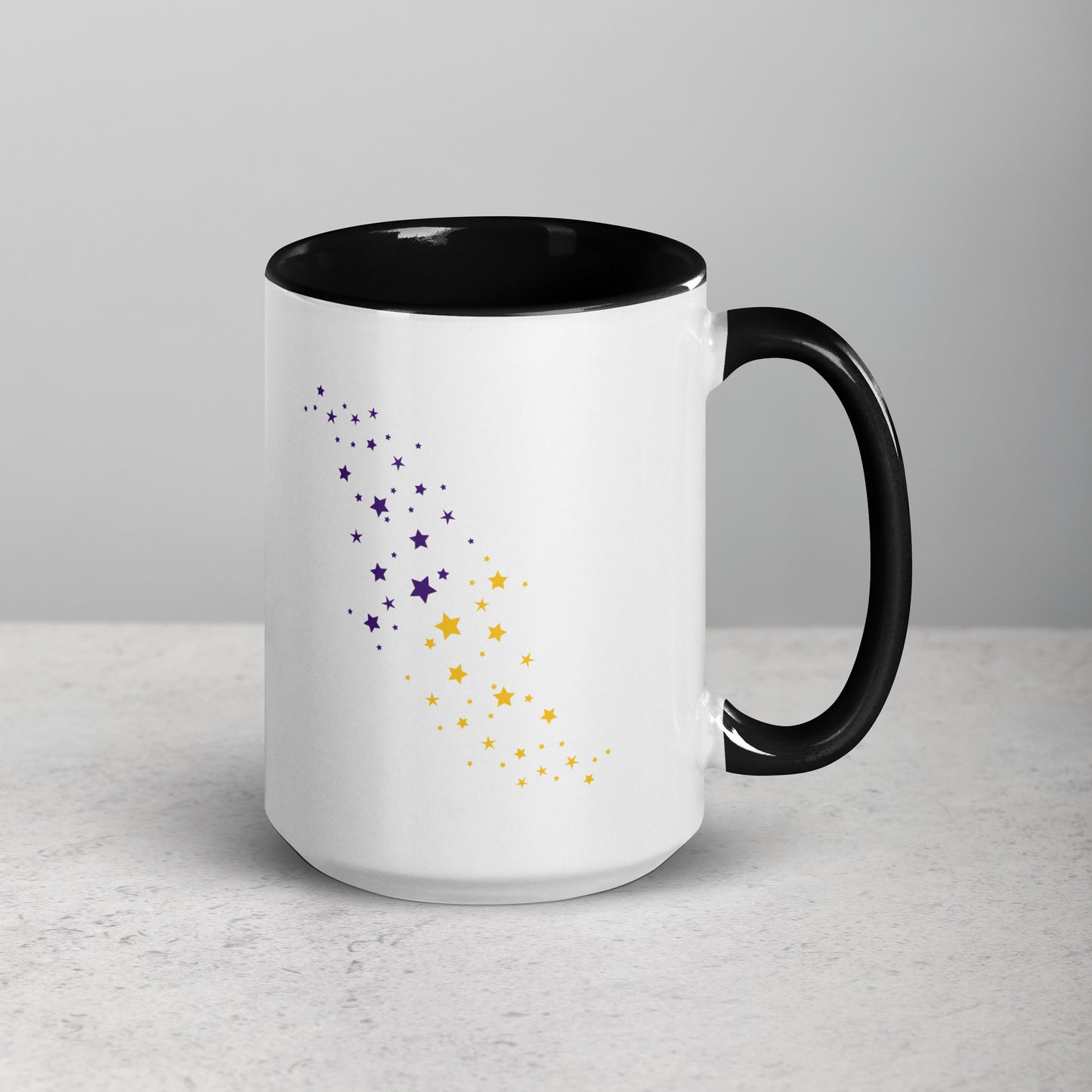 Back view of white ceramic mug with black handle and interior, featuring a celestial pattern of purple and yellow stars arranged diagonally; designed by Galactic Flow for cosmic self-expression