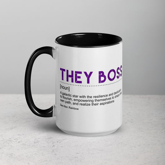 Front view of white ceramic mug with black handle and interior, featuring bold purple text: “THEY BOSS [noun] A galactic star with the resilience and dedication to flourish…”; designed by Galactic Flow for gender-inclusive empowerment