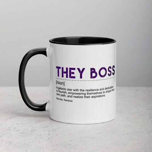 Front view of white ceramic mug with black handle and interior, featuring bold purple text: “THEY BOSS [noun] A galactic star with the resilience and dedication to flourish…”; designed by Galactic Flow for gender-inclusive empowerment