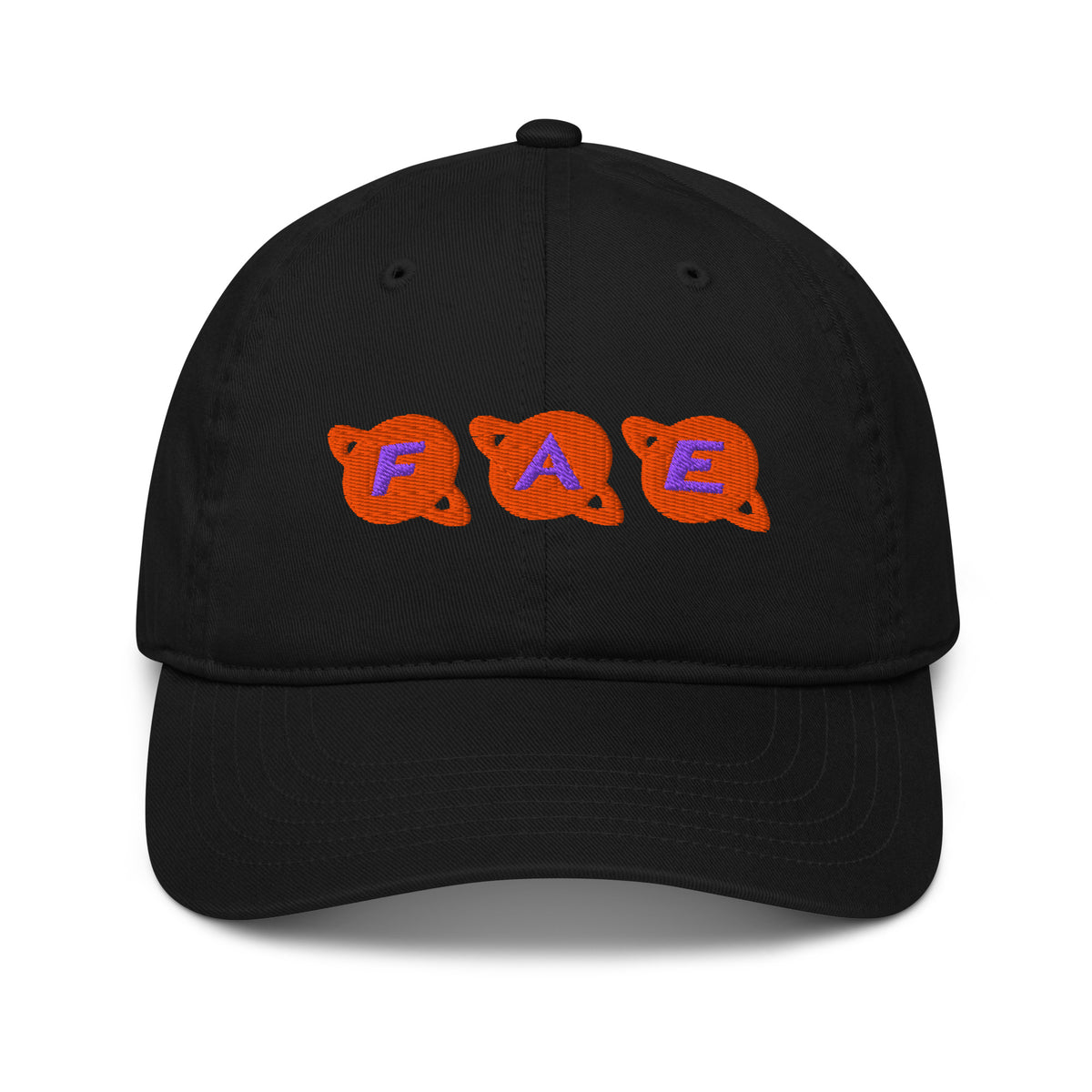 Front view of black dad hat with 'FAE' embroidered in orange and purple planet-shaped letters – Galactic Flow personalized pronoun hat