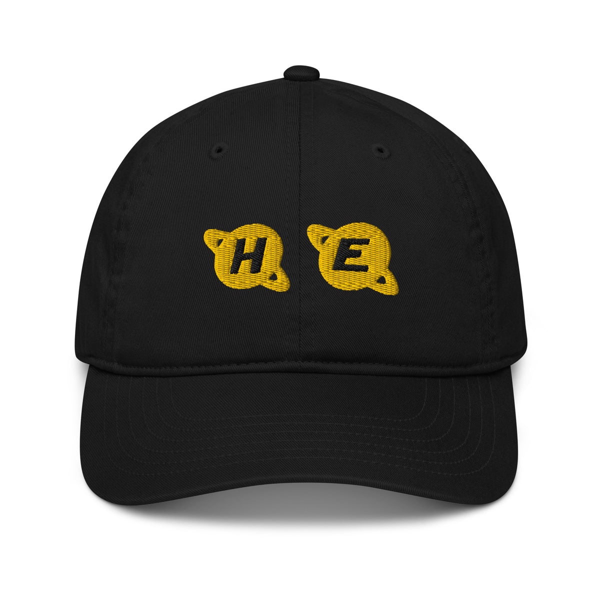 Front view of black dad hat with 'HE' embroidered in gold and black planet-shaped letters – Galactic Flow personalized pronoun hat