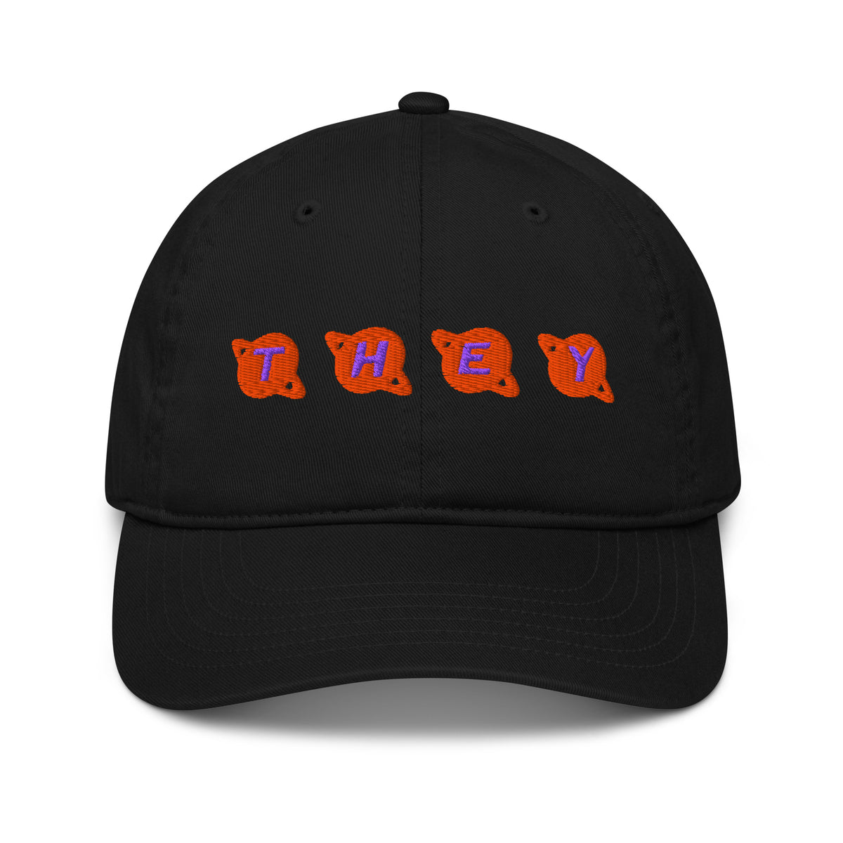 Front view of black dad hat with 'THEY' embroidered in orange and purple planet-shaped letters – Galactic Flow personalized pronoun hat