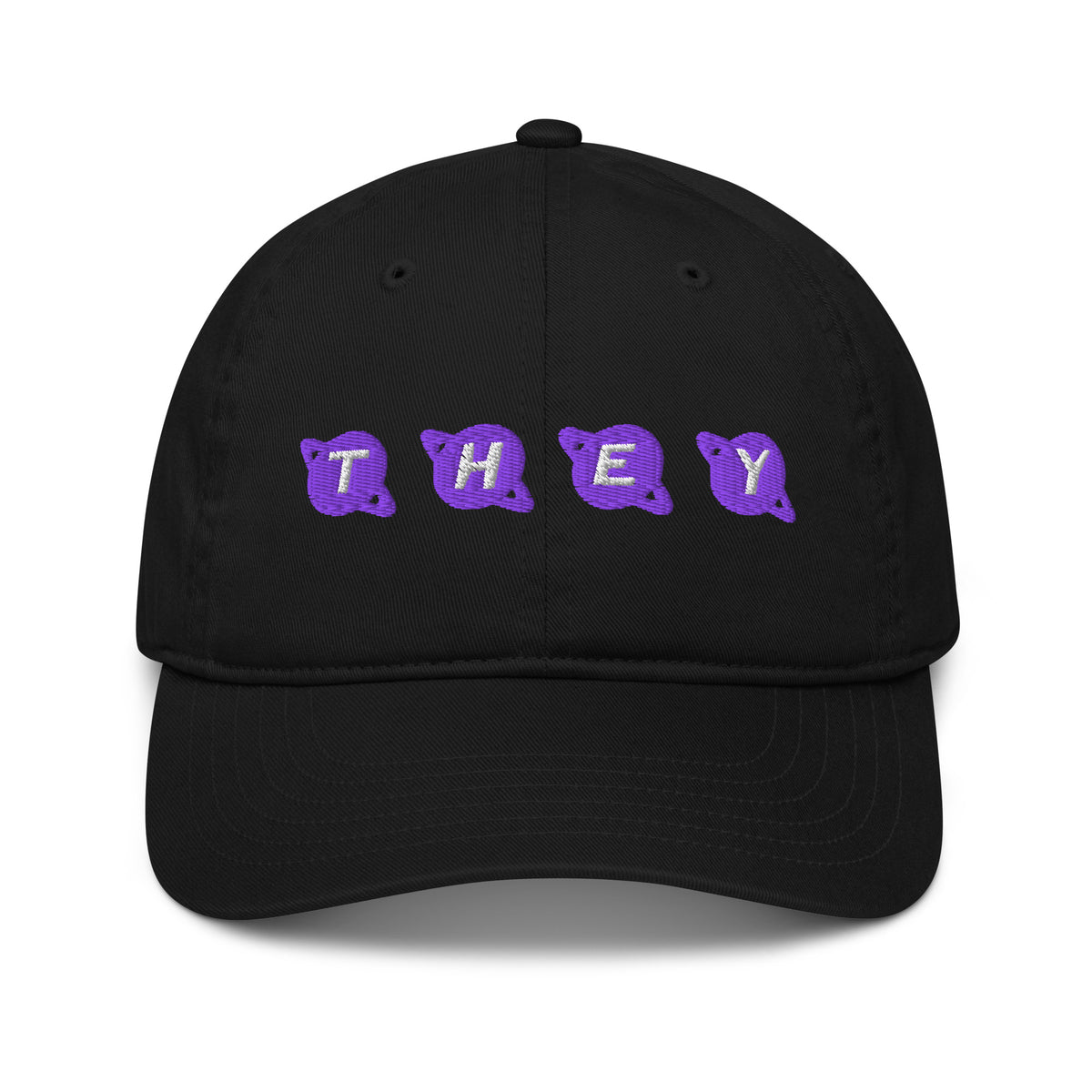 Front view of black dad hat with 'THEY' embroidered in purple and white planet-shaped letters – Galactic Flow personalized pronoun hat