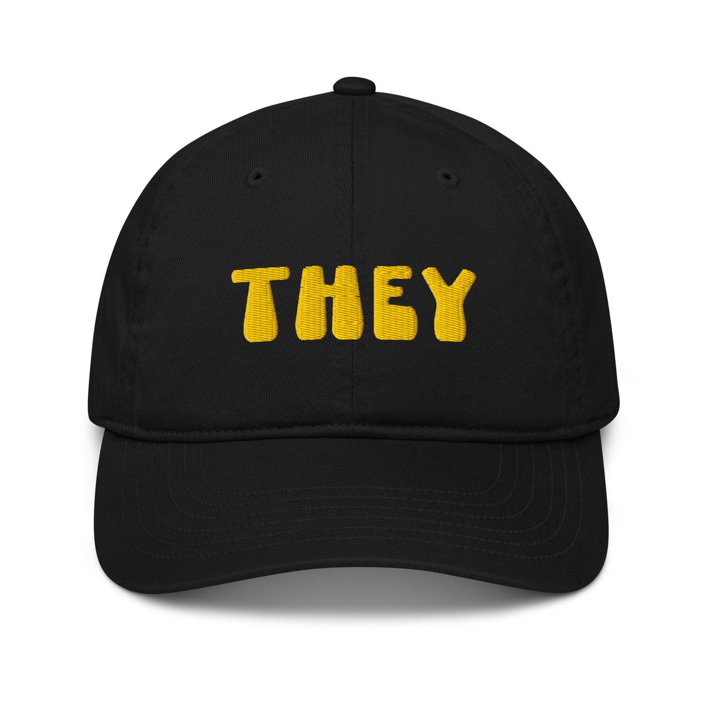 Black cap with 'THEY' in gold on a white background