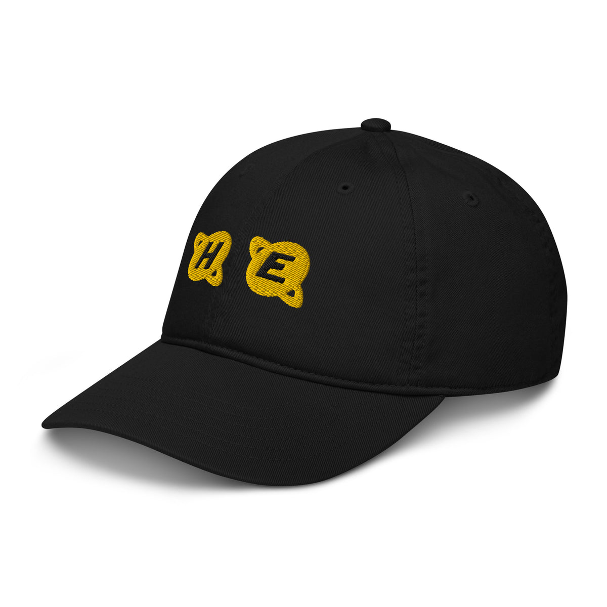 Left angle view of black dad hat with 'HE' embroidered in gold and black planet-shaped letters – Galactic Flow personalized pronoun hat