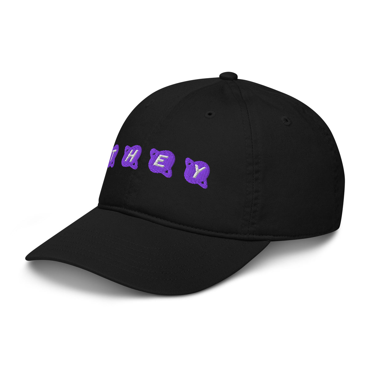Left angle view of black dad hat with 'THEY' embroidered in purple and white planet-shaped letters – Galactic Flow personalized pronoun hat