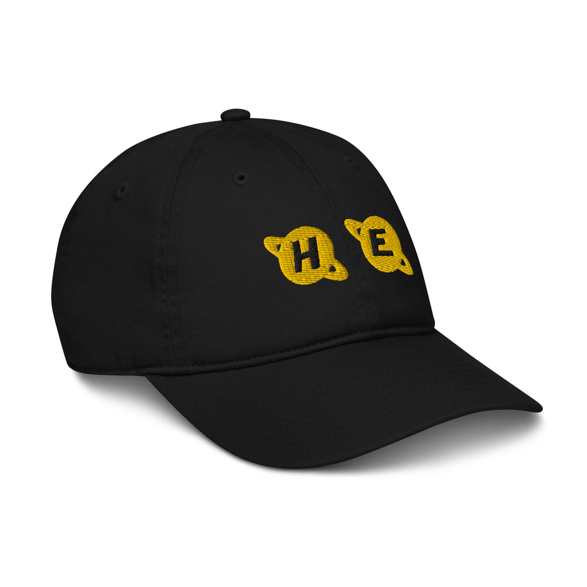 Right angle view of black dad hat with 'HE' embroidered in gold and black planet-shaped letters – Galactic Flow personalized pronoun hat