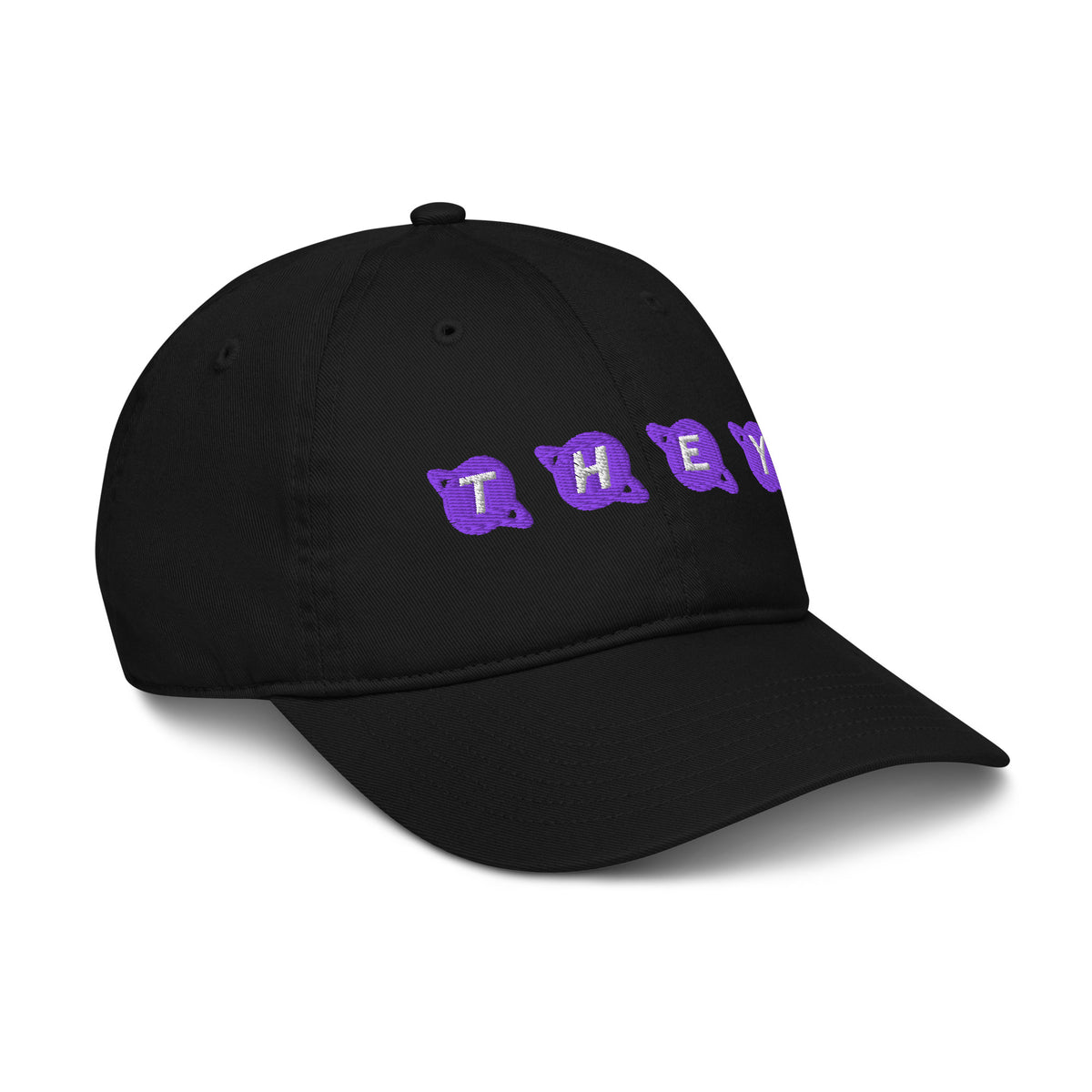 Right angle view of black dad hat with 'THEY' embroidered in purple and white planet-shaped letters – Galactic Flow personalized pronoun hat