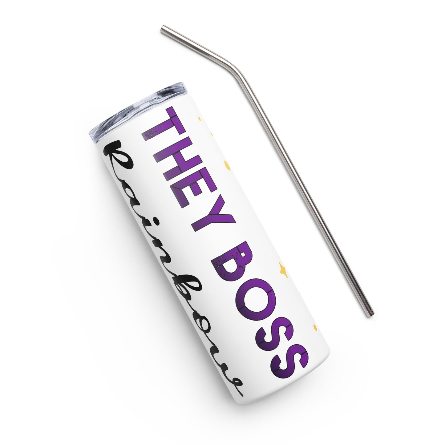 White tumbler with 'THEY BOSS' text and a metal straw on a white background
