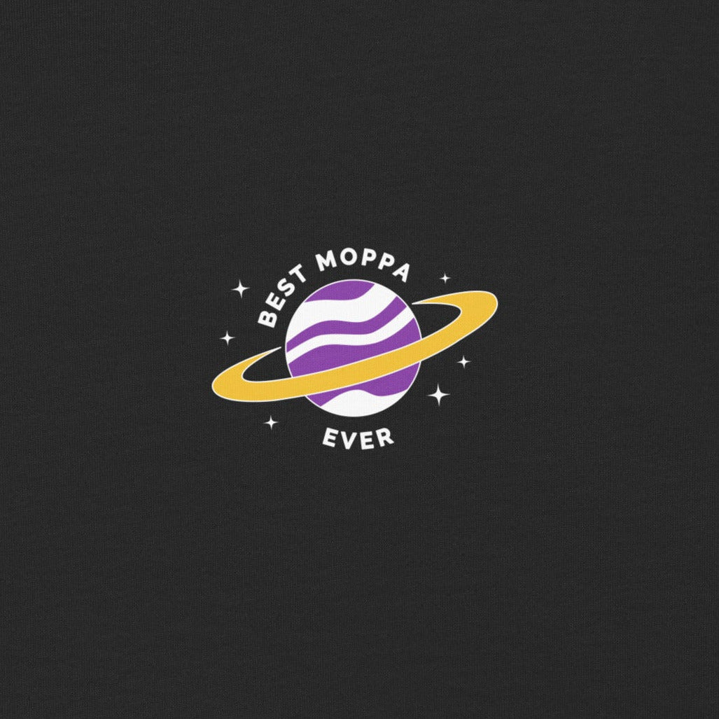 Logo with a purple planet and yellow ring on a black background, featuring the text 'Best Moppa Ever'.