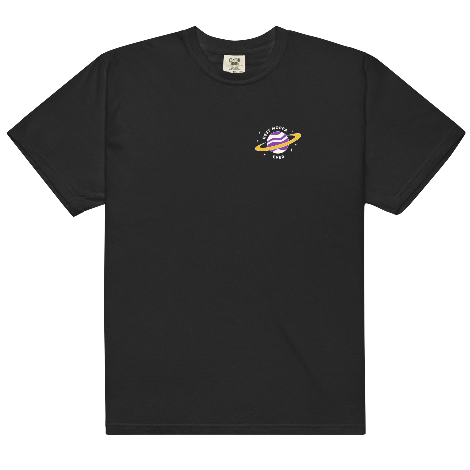 Black t-shirt with a small logo on the chest against a white background
