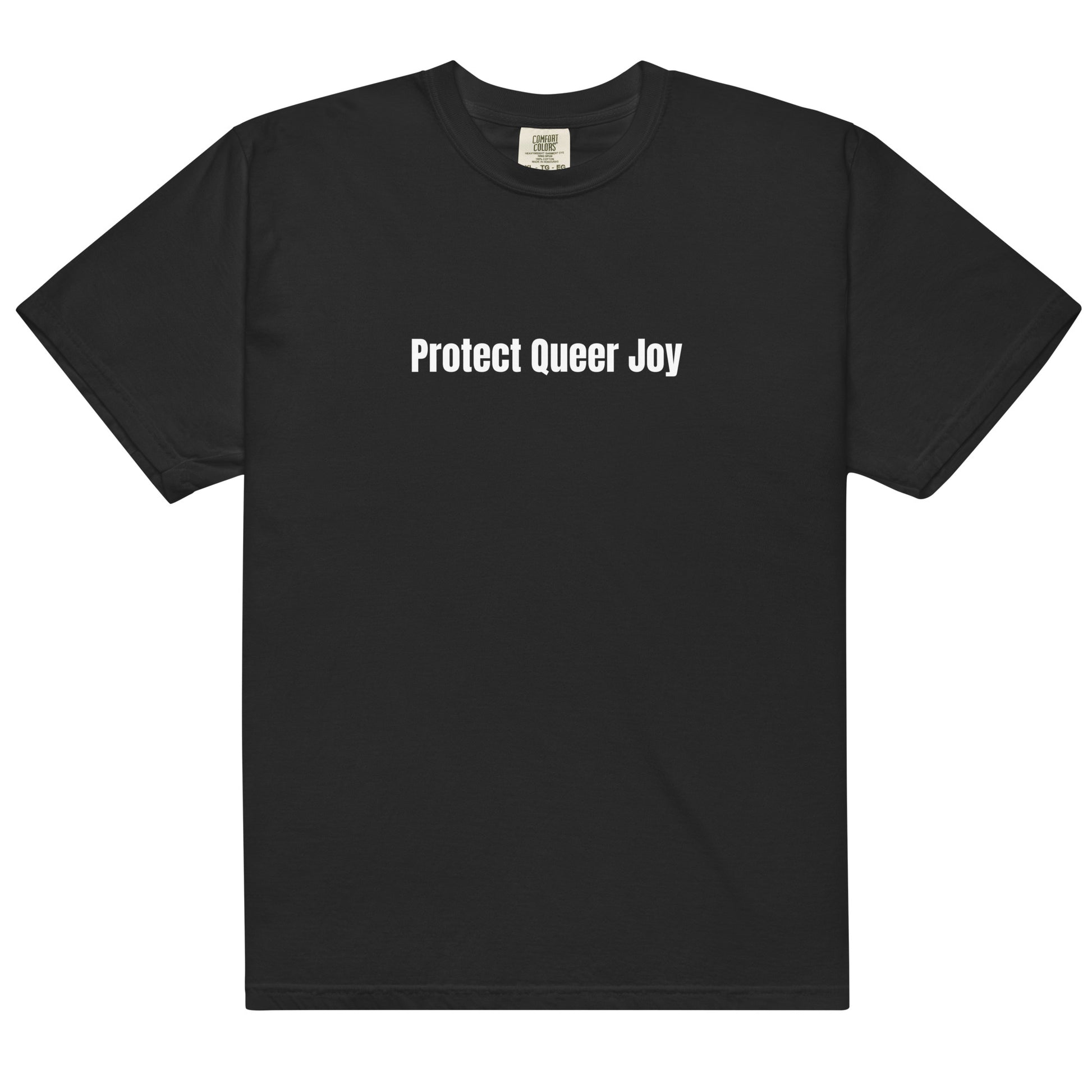 Black t-shirt with 'Protect Queer Joy' text on a white background