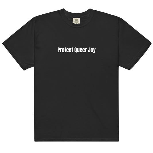Black t-shirt with 'Protect Queer Joy' text on a white background