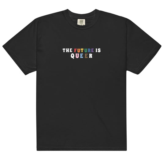 Black t-shirt with 'THE FUTURE IS QUEER' text in colorful letters on a white background