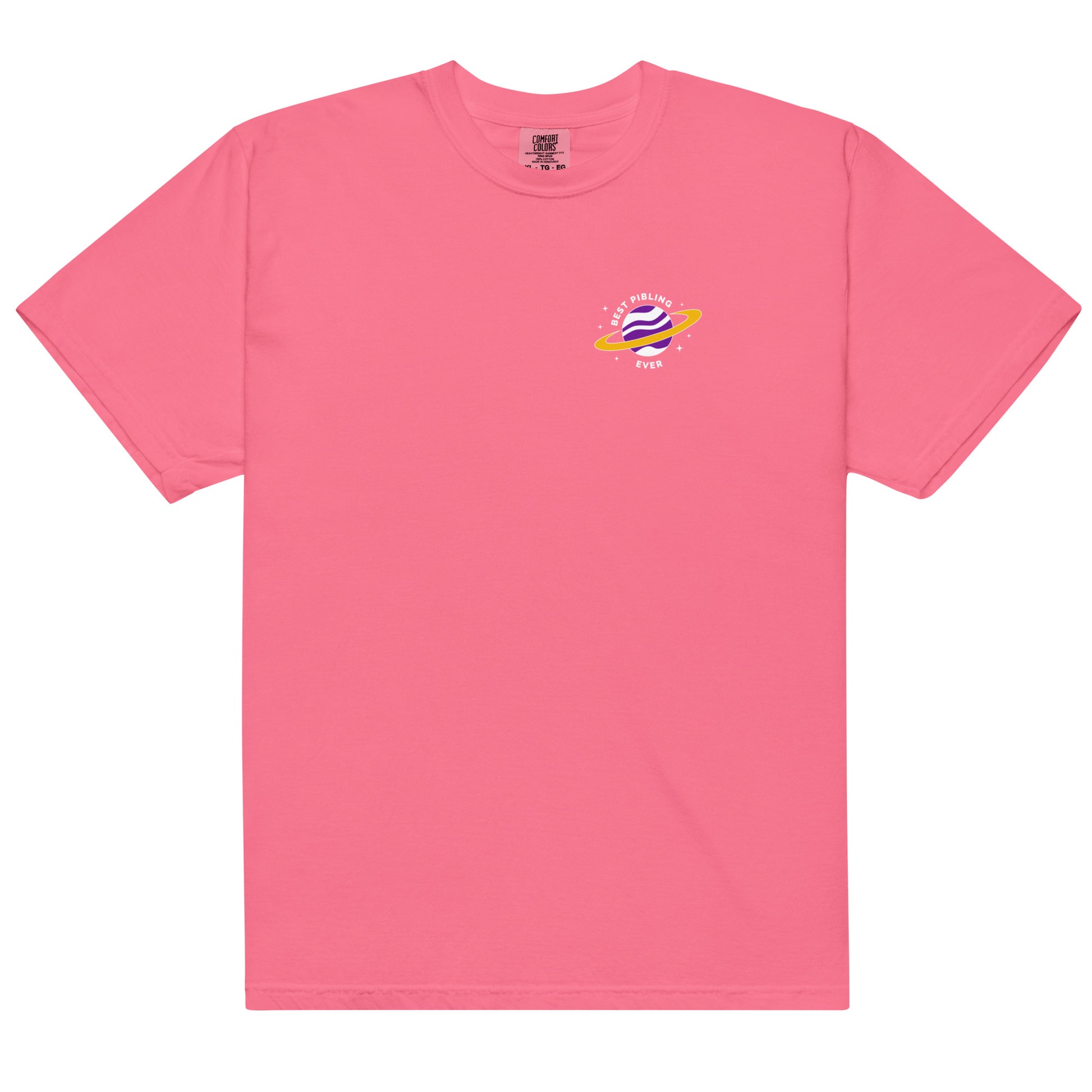 Pink t-shirt with a small logo on the chest against a white background