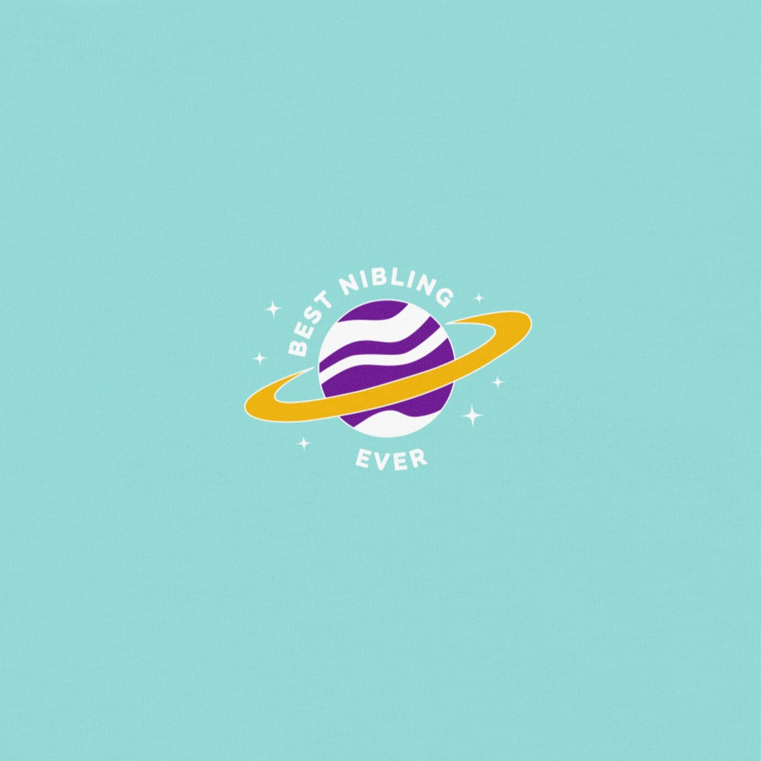 Logo with a purple planet and yellow ring on a light blue background, featuring the text 'Best Nibling Ever'.
