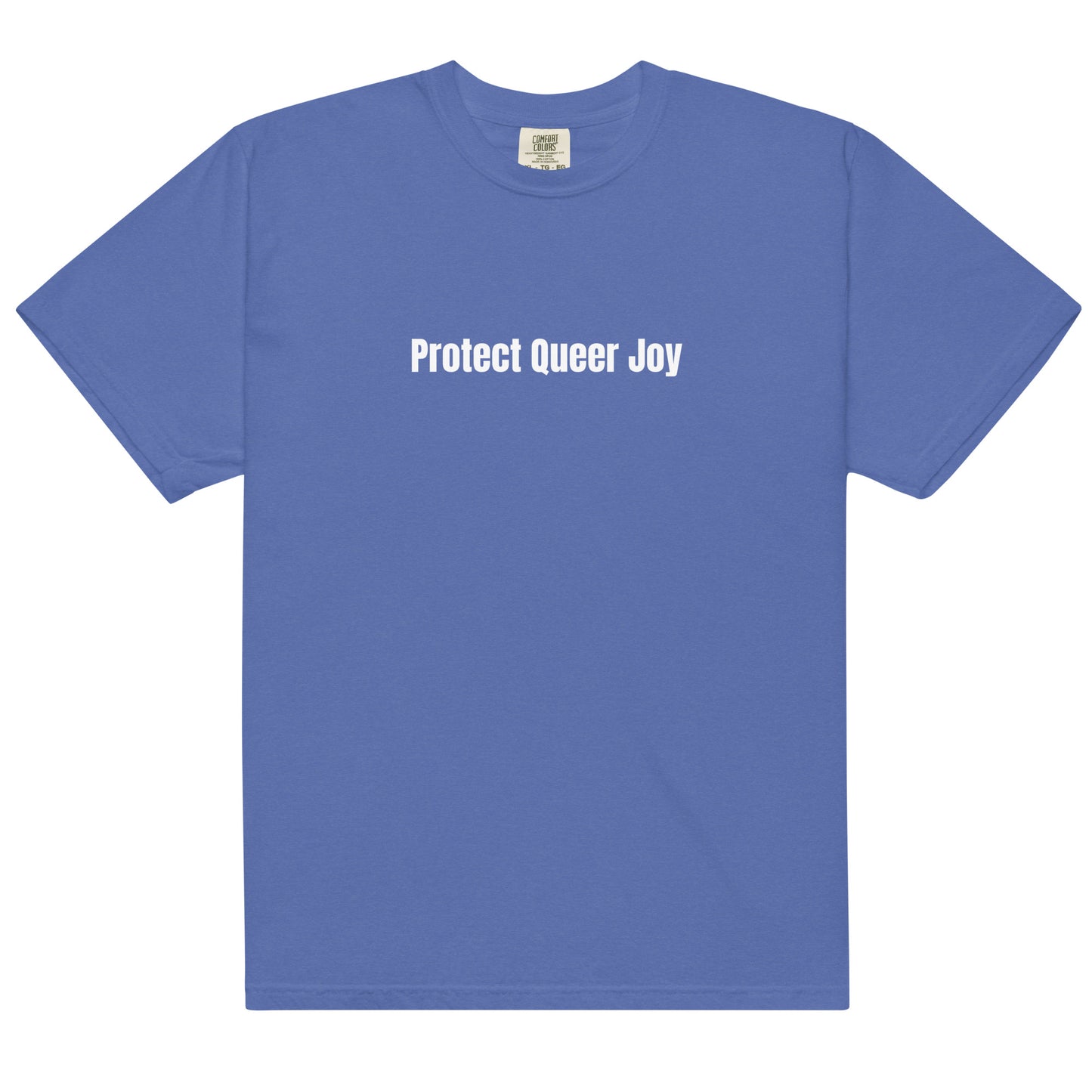 Blue t-shirt with 'Protect Queer Joy' text on a white background