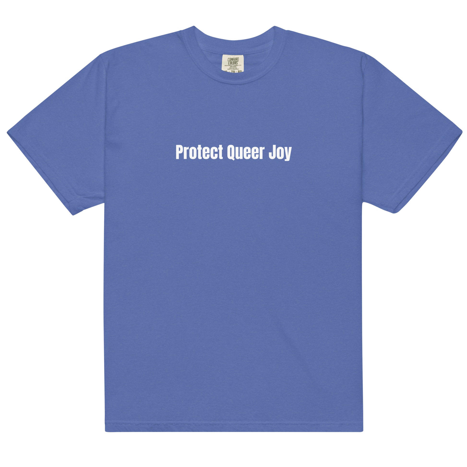 Blue t-shirt with 'Protect Queer Joy' text on a white background
