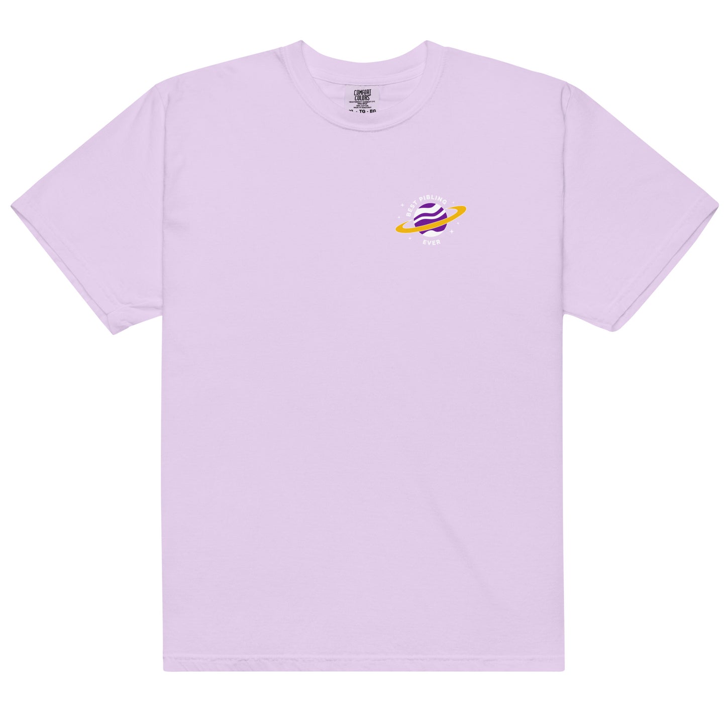 Purple t-shirt with a small logo on the chest against a white background