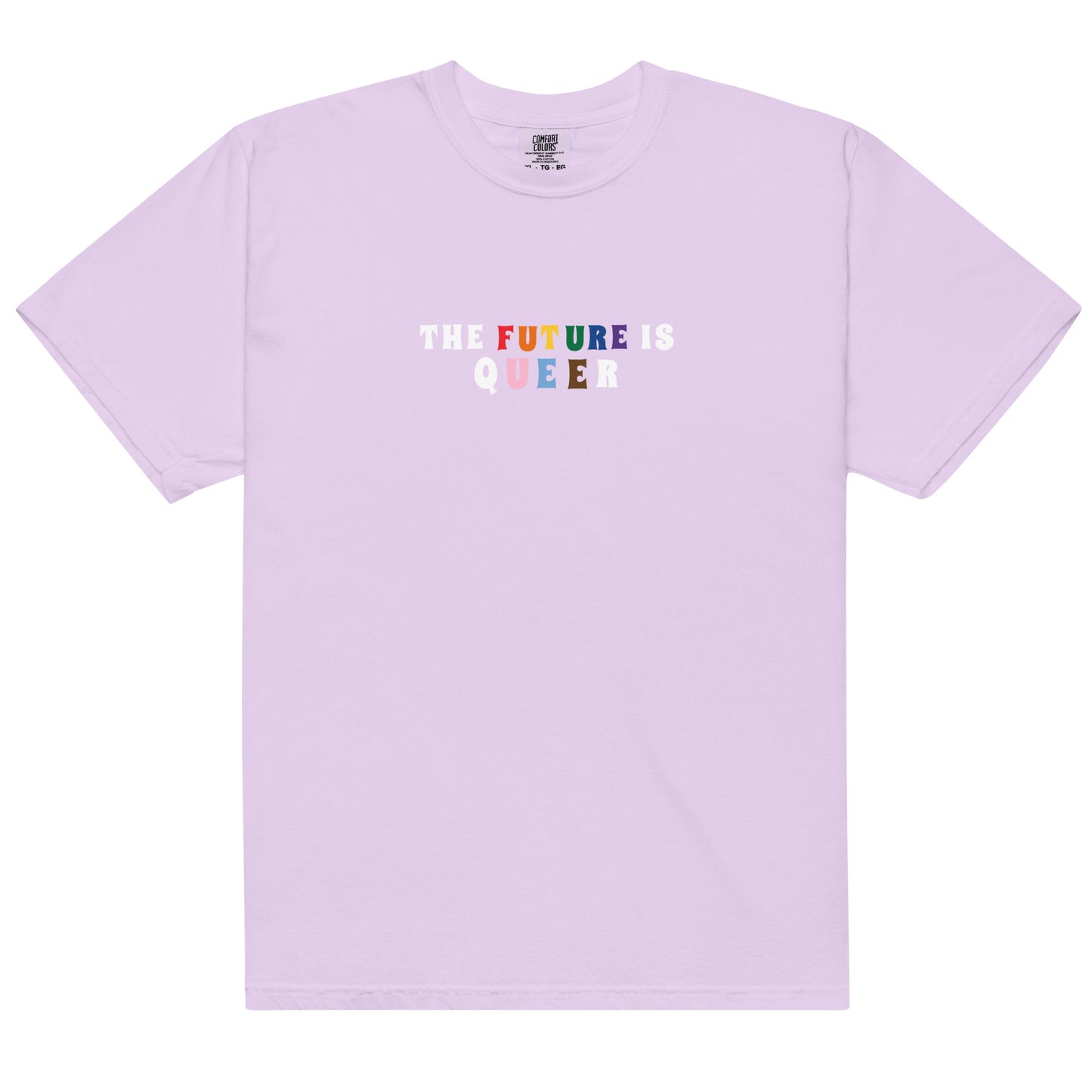 Lavender t-shirt with 'The Future is Queer' text on a white background