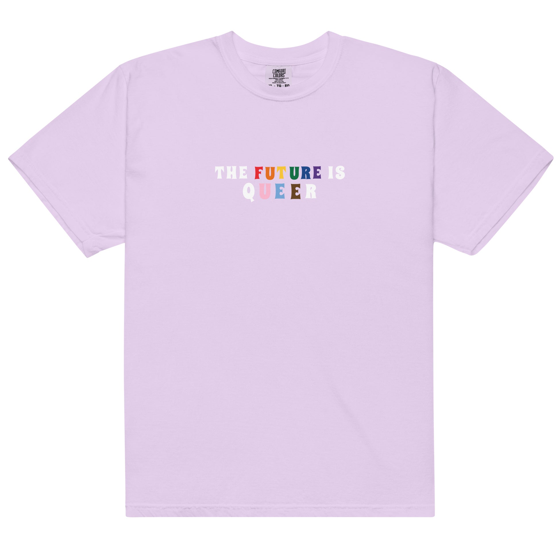 Lavender t-shirt with 'The Future is Queer' text on a white background